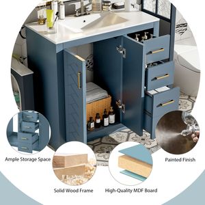 36-Inch <b>Bathroom</b> <b>Vanity</b> with Ceramic Sink Combo Solid Wood Frame Storage Cabinet 3-Drawer Freestanding <b>Vanity</b> Set - Product Image 5