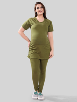 Combinaison de maternité verte personnalisée et élégante pour femmes enceintes, haut en coton extensible, leggings à impression numérique, longueur midi naturelle