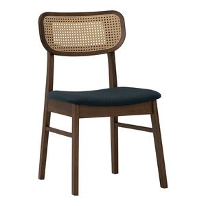 Modern Dark Walnut Dining Chair with Synthetic Rattan <b>Backrest</b> Padded Fabric Seat Chair Mid Century Kitchen Furniture - Product Image 1