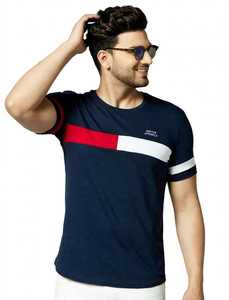 T-shirt décontracté à manches courtes pour homme ONETEN, col rond, tricoté, avec logo frontal, blocs de couleur et bordure contrastante, coupe classique - Product Image 2