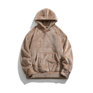 <b>Men's</b> Oversized Beige <b>Sherpa</b> Fleece Polyester 360g <b>Hoodie</b> Casual Solid Pullover Sweatshirt with Custom Pocket Long Sleeve - Product Image 3