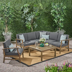 Modern Teak <b>Wood</b> Outdoor <b>Garden</b> Sofa Set with Coffee <b>Table</b> and Cushions 6 Seater Weather Resistant Contemporary Design - Product Image 1