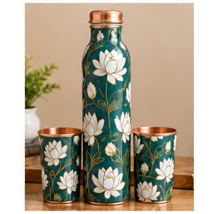Asethetic Copper <b>Water</b> <b>Bottle</b> with <b>White</b> Flower Design Portable Travel Drinkware Set - Product Image 1