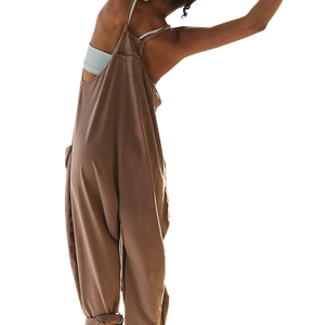 Custom Women's Solid <b>Brown</b> 100% Cotton Sleeveless V-Neck Jumpsuit With Side Pockets Loose Fit Full Length Summer Wear Tracksuit - Product Image 5