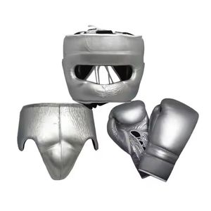 Ensembles de boxe en cuir bicolore bleu et blanc de haute qualité, comprenant des gants de frappe en cuir, un protège-tête moulé et une protection inguinale, vente en gros - Product Image 5
