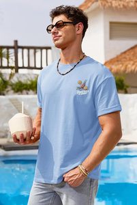 Camiseta de Manga Corta Azul Claro para Hombre con Estampado de Cóctel, Estilo Veraniego, Cuello Redondo, Corte Regular, Algodón Jersey, Diseño Transpirable - Product Image 2