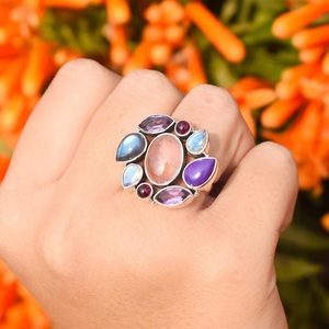 925 Sterling Silver Multi Gemstone <b>Ring</b> Handmade <b>Dainty</b> Statement Jewelry Unique Gift for Women - Product Image 2