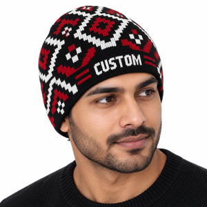 Wholesale 100% Acrylic Knit Beanie Unisex Black Red <b>White</b> Geometric Pattern Winter <b>Hat</b> Custom Logo Streetwear Cap B2B USA - Product Image 2