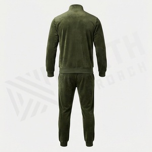 Men's Olive Green <b>Velour</b> <b>Tracksuit</b> Full Zip Stand Collar Casual Sportswear Solid Color Breathable Polyester Jogging Suit - Product Image 2