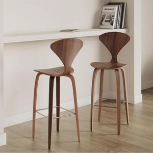 Mid Century Modern Walnut Plywood Bar <b>Stool</b> with Upholstered <b>Seat</b>, Nordic Counter Height Chair for Kitchen Island and Restaurant - Product Image 4