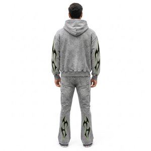 Ensemble de survêtement gris à capuche pour homme, 100 % coton épais et respirant, imprimé flamme noir et vert, streetwear, longueur intégrale avec cordon de serrage - Product Image 2