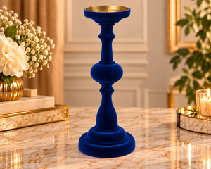Porte-bougie en velours bleu floqué, parfait pour la décoration intérieure, la décoration de table, les mariages, les événements et les occasions festives. - Product Image 2