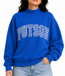 Women's Custom Mock Neck <b>Drop</b> Shoulder Sweatshirt Gingham Patchwork Sleeve Embroidered Letter Applique Pullover - Product Image 1