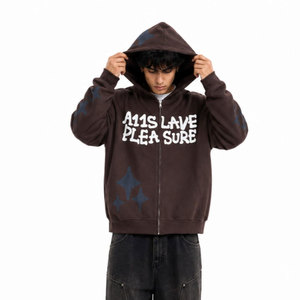 Sudadera con Capucha y Cremallera para Hombre, Color Marrón, Estilo Casual, Oversize, de Algodón French Terry, con Estampado de Letras y Logotipo Frontal, Manga Regular, Estilo Otoñal - Product Image 5