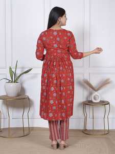 Ensemble coordonné tendance imprimé floral rouge de qualité supérieure, robe décontractée style Kurti avec pantalon rayé pour femme, tenue ethnique quotidienne d'été - Product Image 3