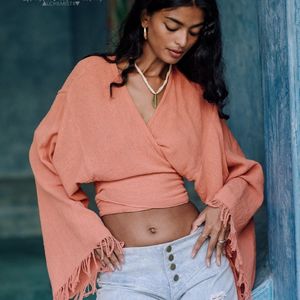 Blusa Kimono Rosa de Algodón Orgánico para Mujer, Estilo Boho, Corte Crop, Manga Ancha, para Verano, Manga Larga, con Lazos, Atuendo de Vacaciones - Product Image 1