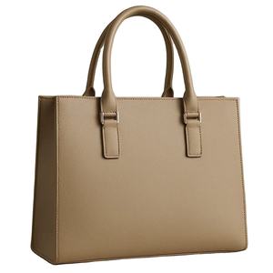 กระเป๋าถือทรงแข็งสีน้ำตาลอมเทาจากแบรนด์นี้ ผลิตด้วยมือจากหนังวีแกน - Product Image 1