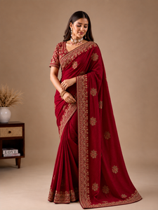 Vexotrend Indian Designer Women's Velvet <b>Satin</b> <b>Saree</b> Beautiful Patola Design Traditional Style Wedding Party Wear Wrinkle-Free - Product Image 5