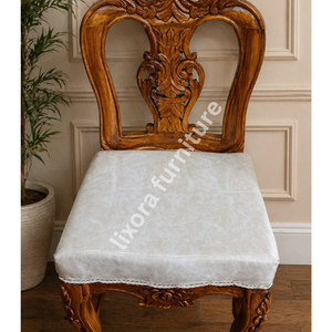 Silla de Comedor de Madera Maciza Hecha a Mano de Lujo con Tallado de Corona Real Ornamental y Asiento con Patrón de Mármol Blanco - Product Image 3