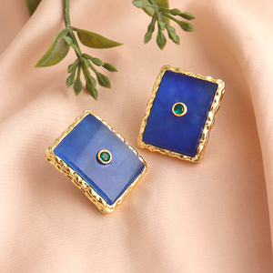 Chunky gemstone jewelry blue jade rectangle shape studs earring brass 18k <b>gold</b> plated texture collet <b>frame</b> stud pairs for women - Product Image 1