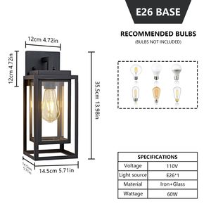 Lámpara de Pared Exterior Impermeable de 14 Pulgadas - Resistente, Rectangular, con Doble Jaula, en Negro Satinado y Cristal Transparente para Jardín - Product Image 5