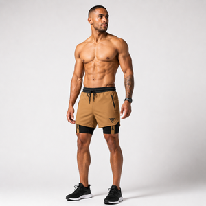 Shorts de sport pour homme 2 en 1 personnalisés, couleur camel, avec doublure de compression, poches zippées, cordon de serrage, pour l'entraînement physique, marque privée - Product Image 1