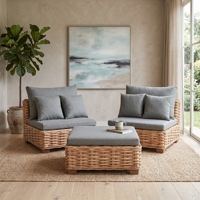 Ensemble de meubles de luxe Saint Dennis en bois d'acajou et rotin, avec tissu Kimmy, comprenant canapé, tabouret et sectionnels, pour extérieur, style resort, qualité premium