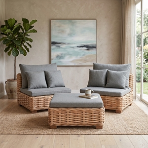 Juego de Muebles de Jardín de Lujo Saint Dennis, Sofá y Taburete de Madera de Caoba, Ratán y Tela Kimmy, Estilo Resort Premium - Product Image 2