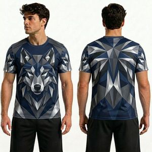 T-shirt de sport respirant en polyester à sublimation graphique loup, séchage rapide, performance athlétique, col rond - Product Image 1