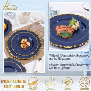 Blue Gold Plastic Plates <b>Dinnerware</b> Set 350pcs Disposable Party Supplies Kits Includes 50 Dinner 50 Dessert 50 Cups - Product Image 2