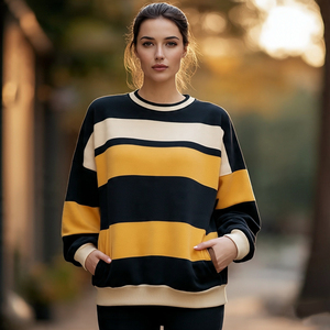 Sweat-shirt surdimensionné à col rond imprimé rayé pour femme, manches longues, en coton tricoté, pour l'hiver et l'automne, motif jaune et noir - Product Image 6