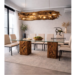 โต๊ะรับประทานอาหารไม้สักทันสมัยพร้อมท็อปกระจกและโคมไฟแขวนสำหรับห้องรับประทานอาหารในโรงแรม - Product Image 2