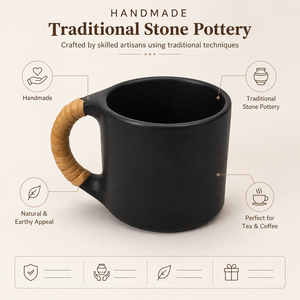 Handmade <b>Black</b> Pottery Tea Cup with Bamboo <b>Wrapped</b> Handle Rustic Ceramic Coffee Mug for Home Cafe Restaurant - Product Image 3