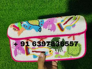 New Fashion Ladies Trending Handmade Beaded Embroidery <b>Purse</b> Shape Cotton Fabric Animal Theme Beaded Design <b>Pink</b> Shoulder Bag - Product Image 5
