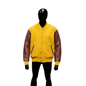 Veste universitaire en satin jaune personnalisée avec manches en cuir marron, veste bomber de baseball haut de gamme, veste de mode pour homme, coupe universitaire - Product Image 1