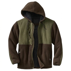 Men's Hooded <b>Fleece</b> <b>Jacket</b> Color Zipper Closure Windproof Casual Winter Outerwear Regular Fit Polyester Shell Sherpa <b>Lining</b> - Product Image 3