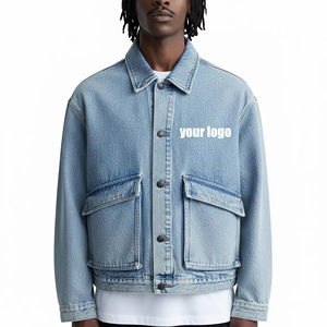 Men's Casual Light Blue Denim Jacket Turn-Down Collar Zipper Closure Oversized Fit Front Logo Placement <b>Washed</b> Cotton Material - Product Image 6