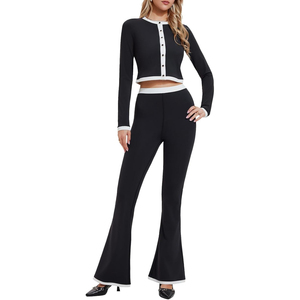 Conjunto de 2 Piezas Estilo Y2K para Mujer, Top Corto de Manga Larga y Pantalones Acampanados, Tejido de Punto, Color Negro Sólido, Transpirable, Elegante, para Todas las Temporadas - Product Image 1