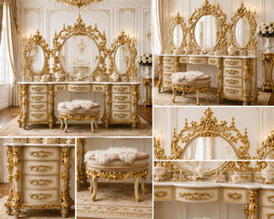 French Style Master Bedroom Dressing <b>Table</b> Set with Above 14 Drawers Solid Wood Luxury Vanity for Bedroom & Living Room - Product Image 2