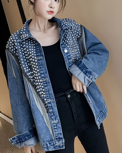 Hardihood International Light Wash Denim <b>Jacket</b> for Women Distressed Frayed Hem Rhinestone Floral Button Front Formal Breathable - Product Image 1