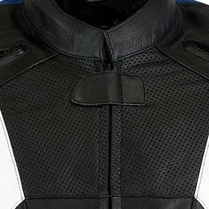 Blouson de moto en cuir PU pour homme, noir, bleu, blanc, color block, respirant, écologique, coupe-vent, col montant, fermeture éclair - Product Image 2