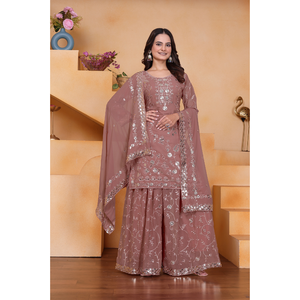 Faux georgette <b>top</b> with micro cotton inner sequence embroidery front back both side work paired with palazzo and dupatta - Product Image 1
