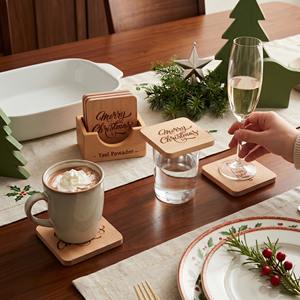 Juego de Posavasos de Madera Grabados con Láser con Soporte. Regalos Navideños Personalizados con Bordes Redondeados. Decoración al por Mayor - Product Image 6