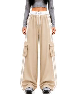 Pantalones Cargo de Pierna Ancha para Mujer, Color Beige Arena, Personalizados por el Fabricante, con Rayas Laterales Blancas, Cintura Alta, Corte Holgado, Estilo Casual Urbano - Product Image 1