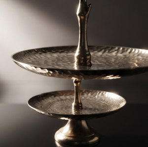 Modern Gold Metal 2 <b>Tier</b> <b>Cake</b> <b>Stand</b> Luxury Deer Antler Handle Hammered Dessert Display Cupcake Holder Table Decor - Product Image 3