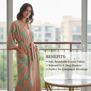 Kimono de Algodón con Rayas Tejidas a Mano de Lujo |   Bata de dormir para mujer con cuello en V y ribetes en contraste |   Bata Sostenible de Manga Larga con Bolsillos - Product Image 4