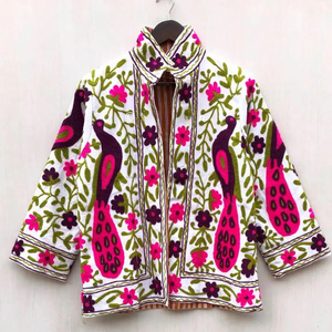 Terciopelo Suzani Chic bordado corto | Ropa de abrigo étnica floral de pavo real | Chaqueta Estilo Vintage uzbeka - Product Image 1