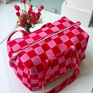 Red Pink Checkered Corduroy Duffel <b>Bag</b> Zipper Closure Large Capacity Travel Weekender Style - Product Image 1
