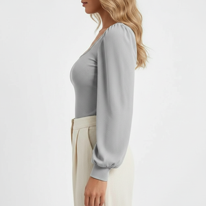Women Cotton Ribbed <b>Long</b> <b>Sleeve</b> T Shirt Slim Fit <b>Square</b> <b>Neck</b> Casual Stretch <b>Top</b> T-Shirt - Product Image 2