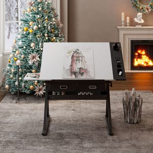Tavolo da Disegno e Progettazione Regolabile Bianco con 2 Cassetti per Casa, Ufficio e Scuola, Include Sgabello - Product Image 2